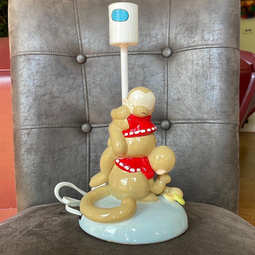 Cute Whimsical Charente Ceramic Lamp with Two Playing Monkeys 12” Tall